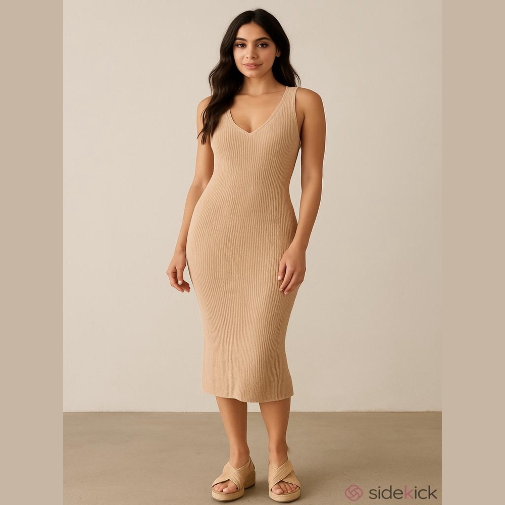 MAGASCHONI Super Soft Ribbed Sleeveles Sweater Tank Bodycon Tan Tank Dress Large
